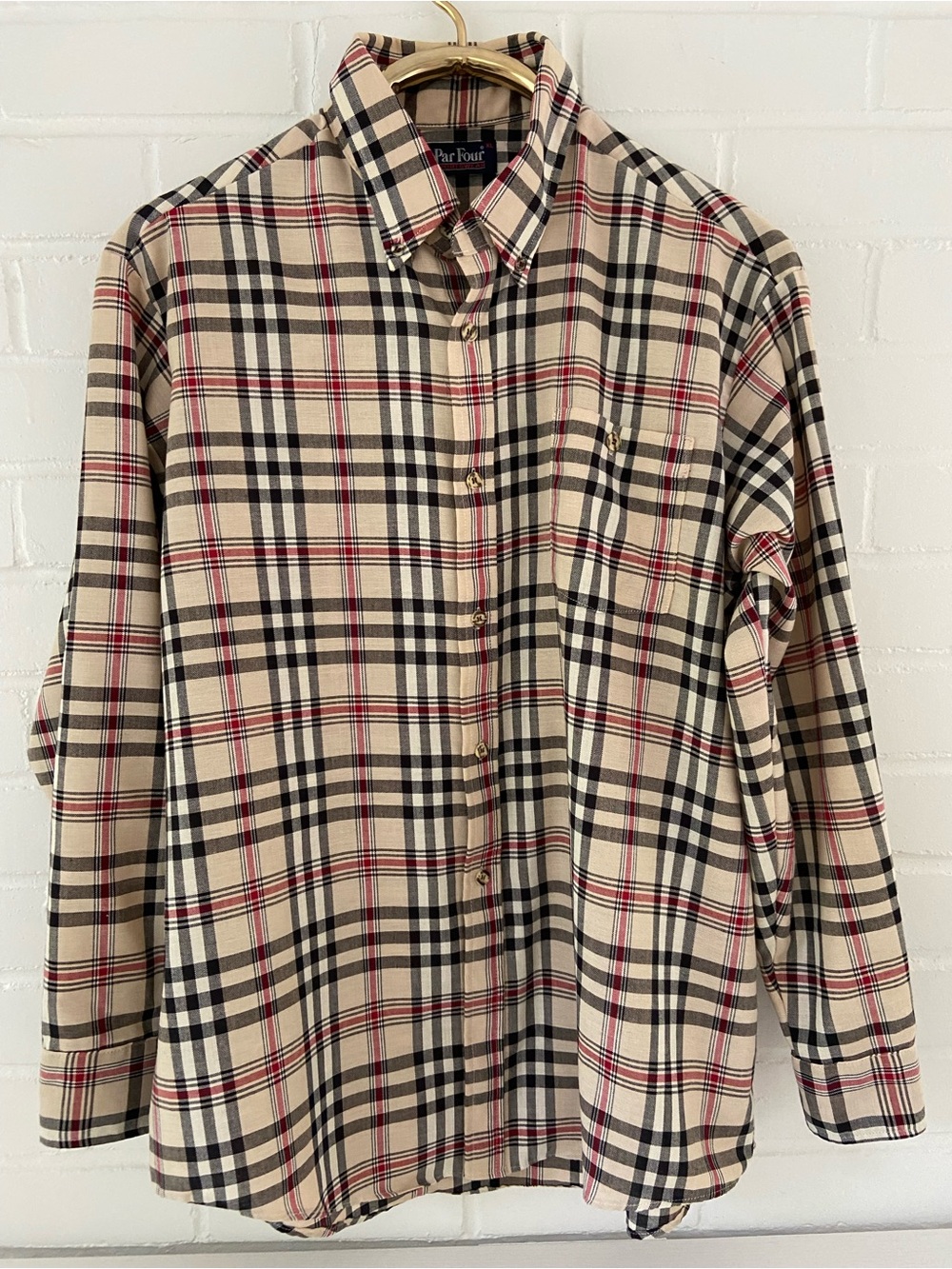 Mens Classic Beige/Black/Tan/Red Plaid Long-Sleeve Button-Up Golf Shirt Size XL